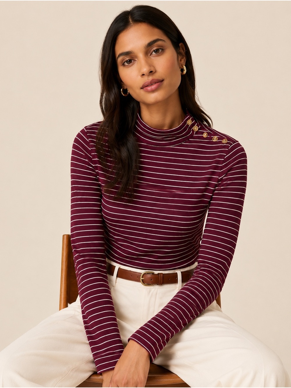 J.Crew Striped Mock Neck Top | Size Large | Burgundy & Ivory Stripe